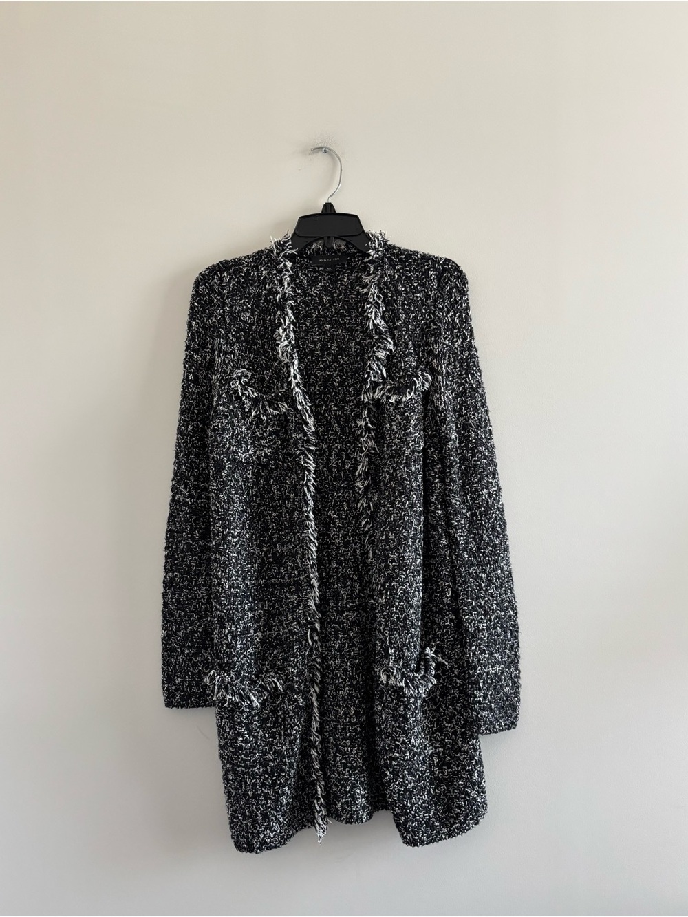 Ann Taylor Knit Jacket Marled Tweed Fringe Pockets Black White Women XS Resort